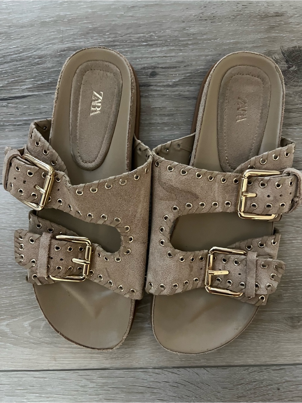 Zara Taupe Suede Eyelet Double-Buckle Slide Sandals – Size 39